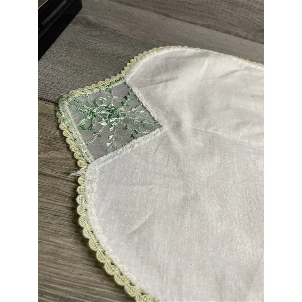 White Dresser Scarf w Yellow Crocheted Trim & Green Embroider Floral Print 26x12